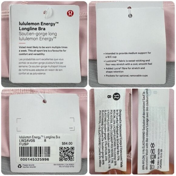 NEW Lululemon 2023 Energy Longline Bra Sz. 8 Medium Support B/C Cup - Flush Pink - Picture 7 of 8